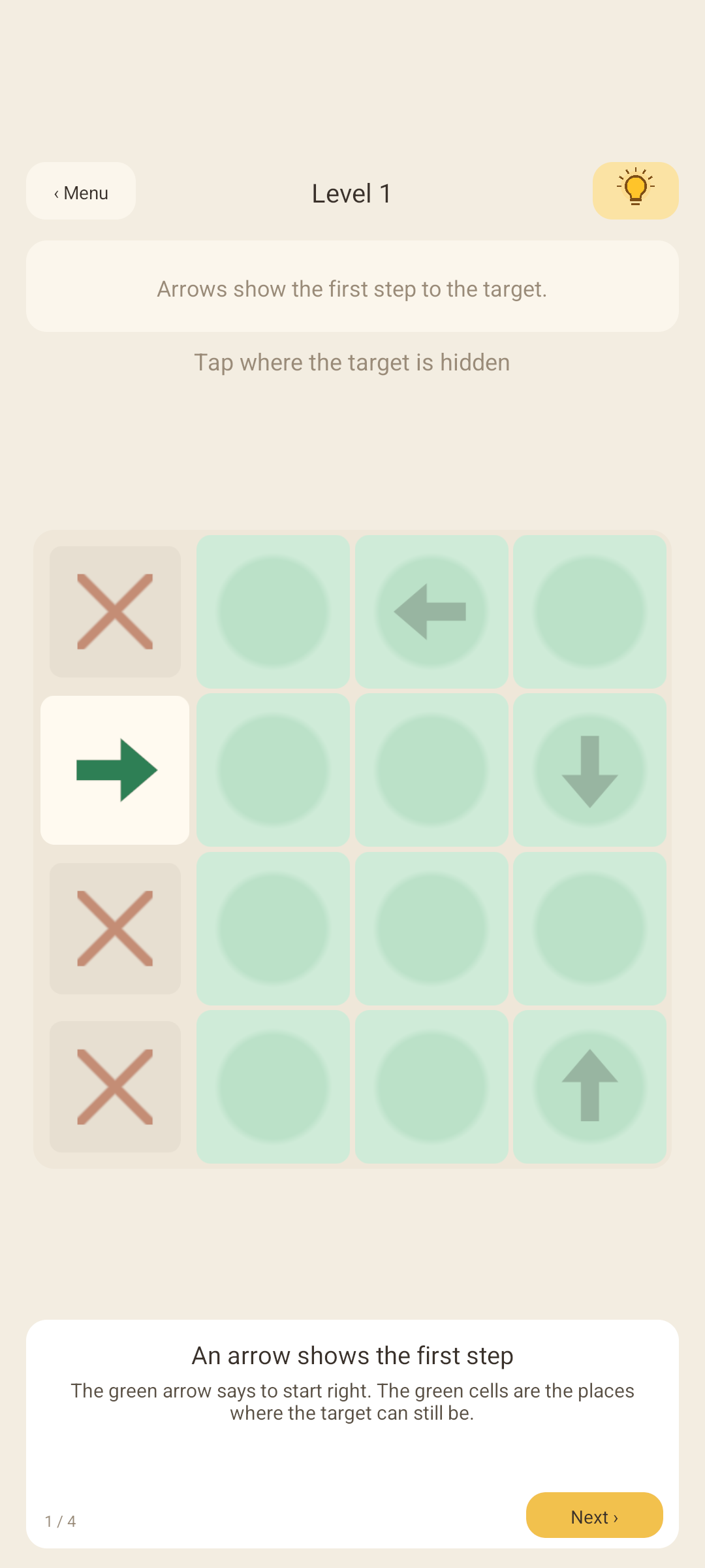 A One Lies board with directional clues and the cells where the target can still be