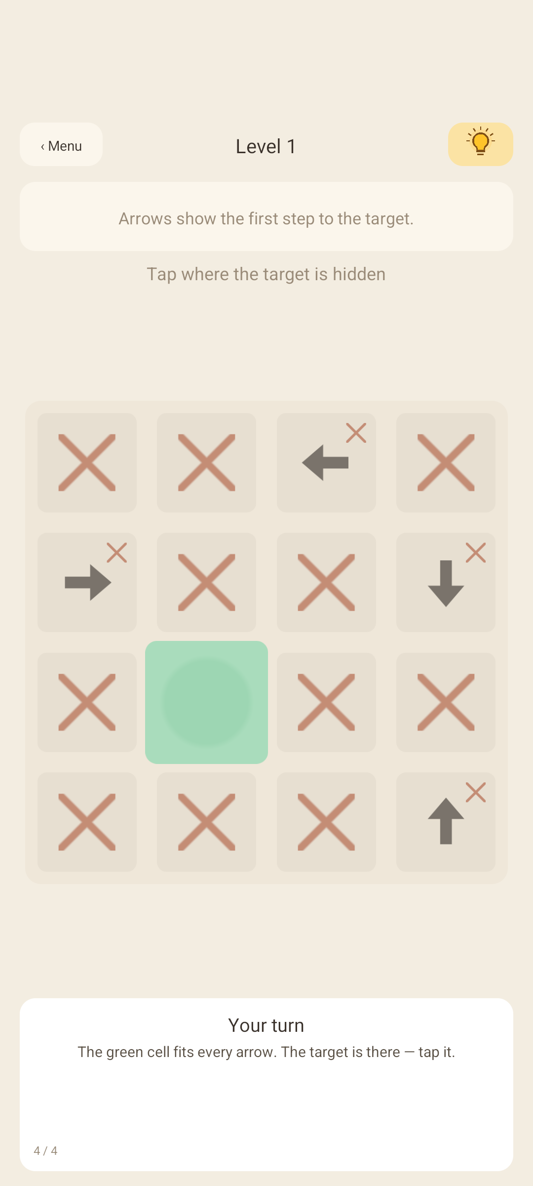 A One Lies puzzle narrowed down to one possible cell